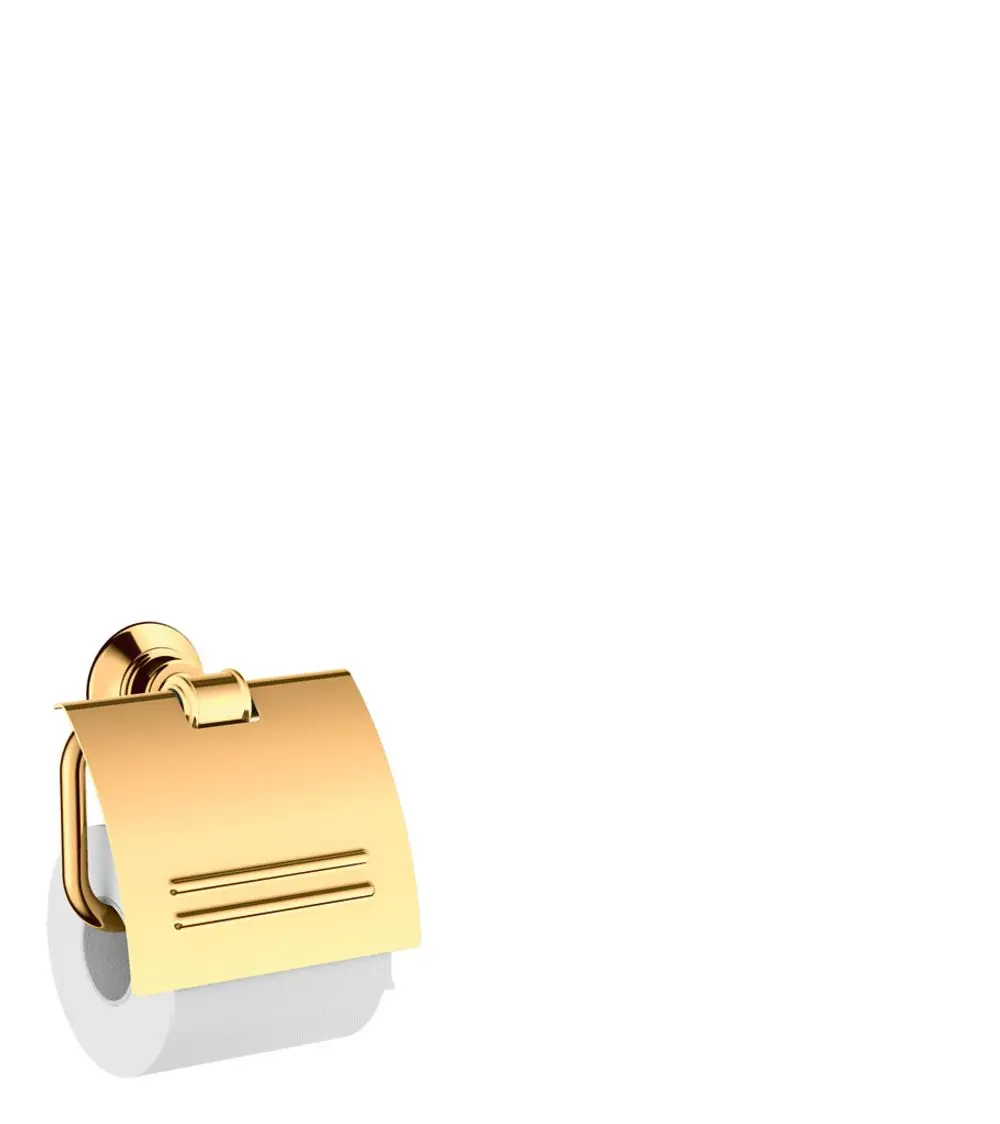 Toilettenpapierhalter in glänzendem Gold mit Deckel, an der Wand montiert. Das Produkt stammt von AXOR und ist funktionell gestaltet.